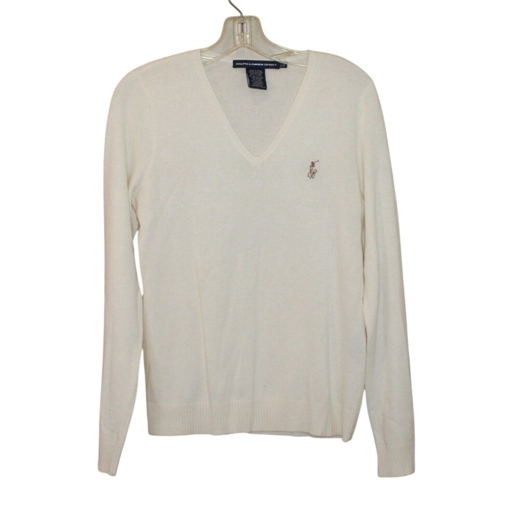 Ralph Lauren Sport v-neck sweater Large cream merino wool/cashmere blend pony